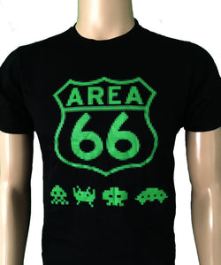 Area 66 pixelated logo in green with green space invader style aliens on black