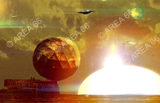 geodesic sphere in futuristic landscape with huge setting sun background and flying saucers in a cloudy sky
