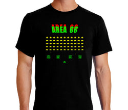 Area 66 space invaders inspired t-shirt in green, red, and yellow on black
