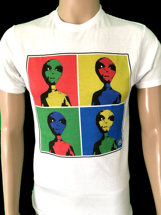 Area 66 andy warhol inspired t-shirt with multi-colored alien heads 